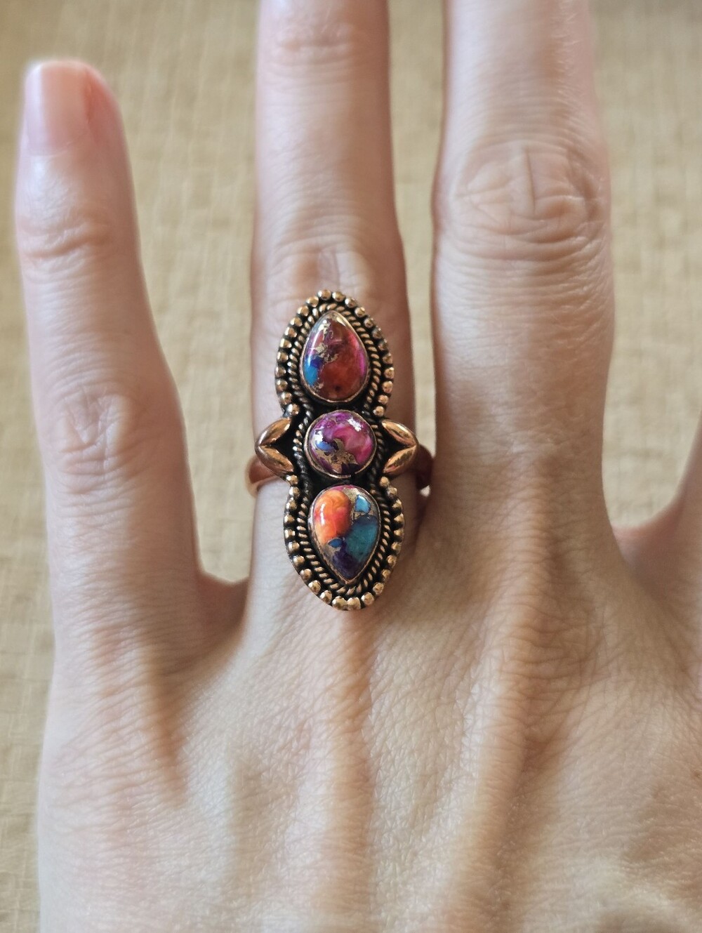 Southwestern Pink Spiny Turquoise Copper Ring - Picture 3 of 3